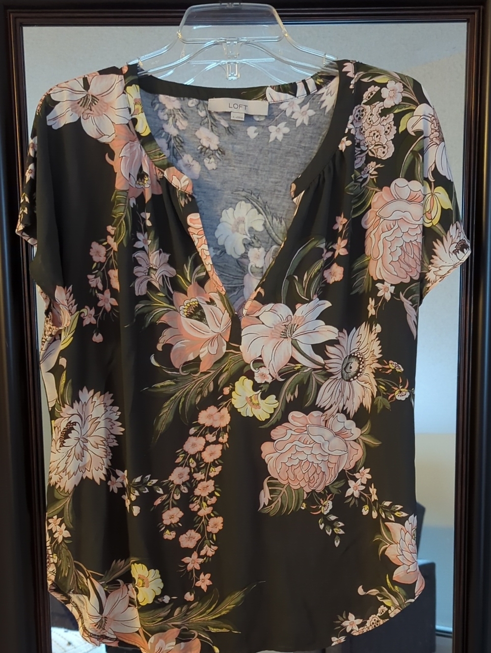 LOFT Brown Floral Mixed Media V-Neck Short Sleeve Top with Pink Blossoms